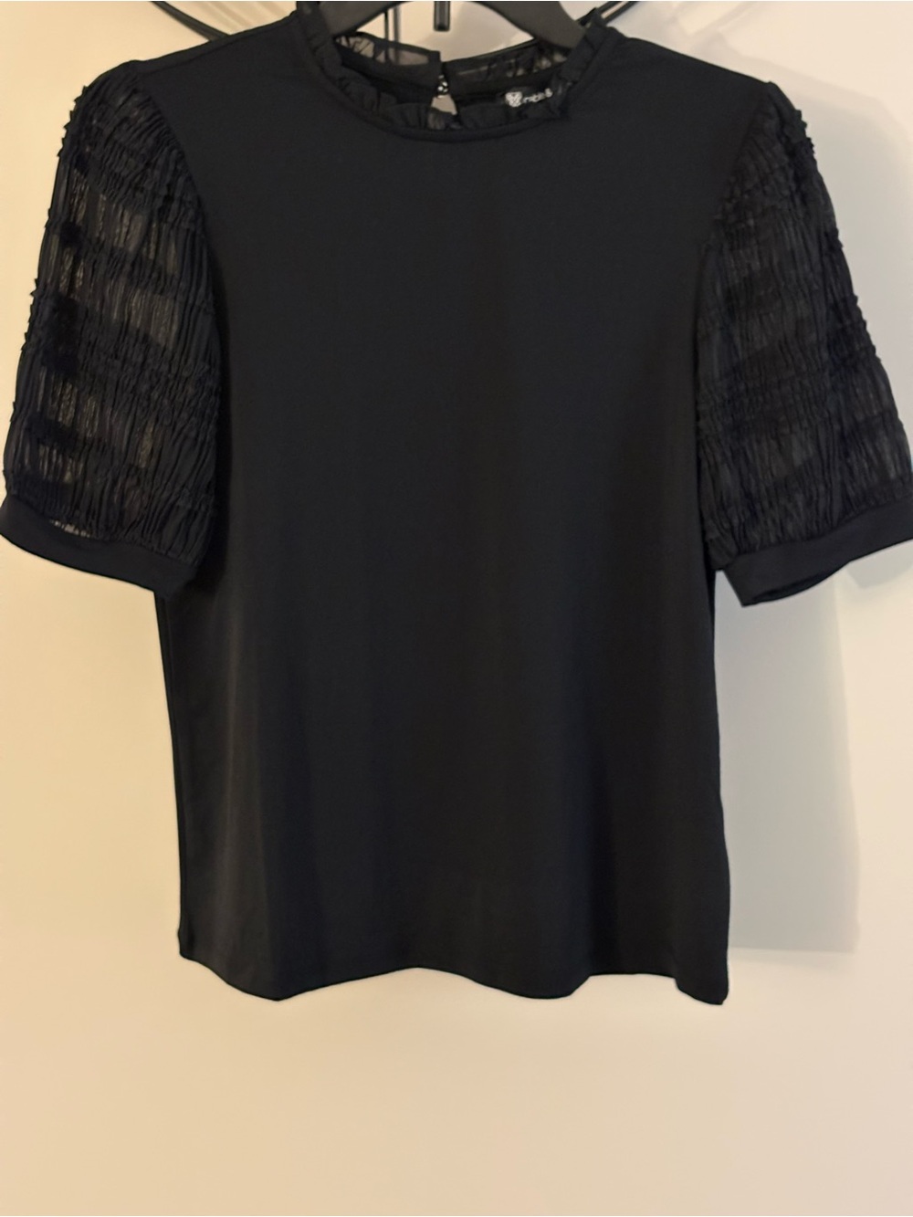 Cable & Gauge Black Short Sleeve Top with Textured Puff Sleeves